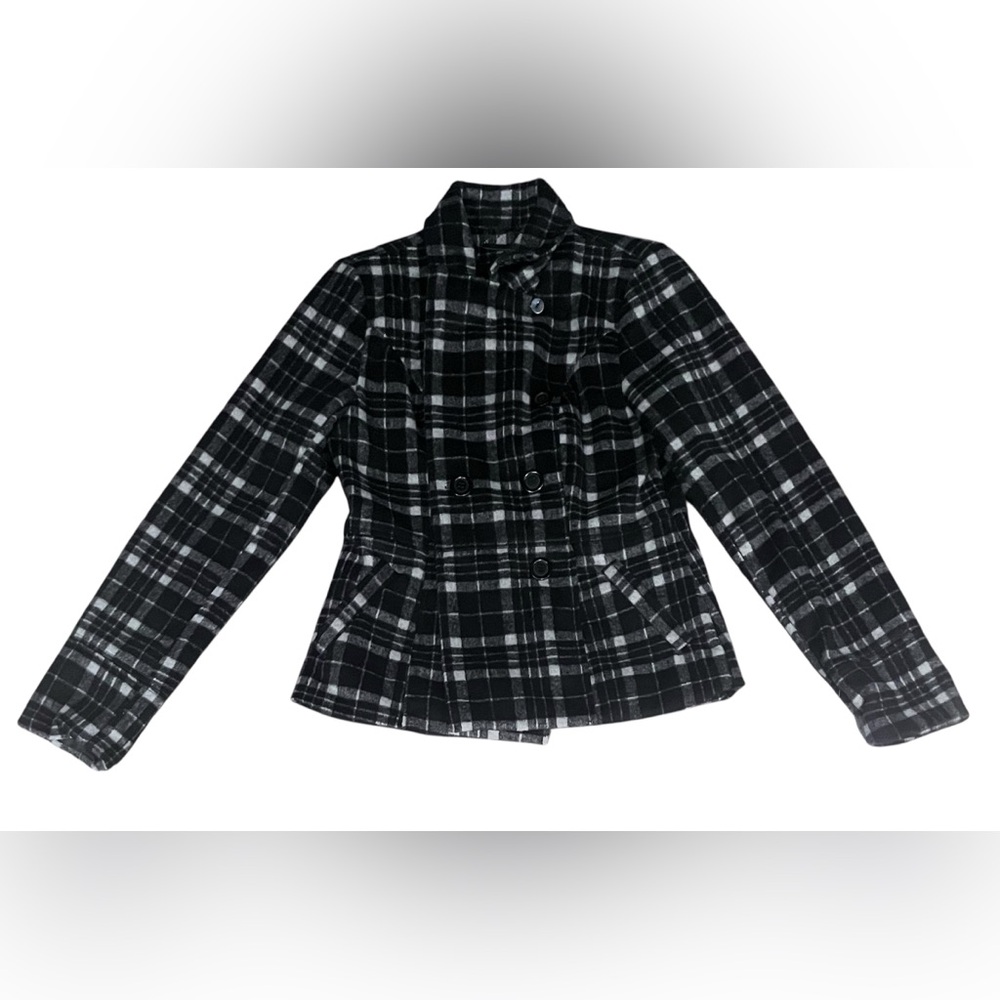 NWT Jou Jou Women’s‎ Size S Black White Plaid Double Breasted Peacoat Jacket.